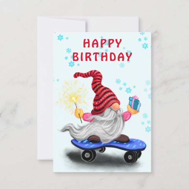 Födelsedagskort med Lycklig Skater Gnome med gåvor Kort (Framsida)