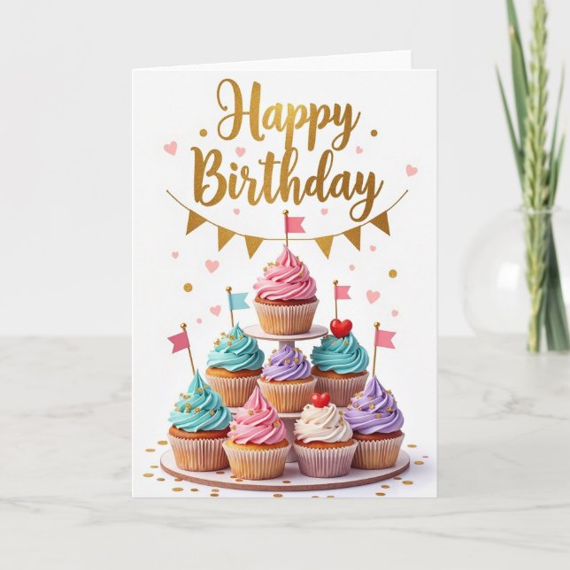 Födelsedagskort med Pastellfärgad Cupcake Kort (Framsida)