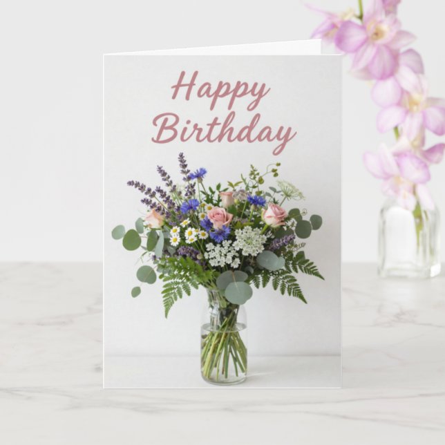 Födelsedagskort med vas med vilda blommor kort (Orkide)