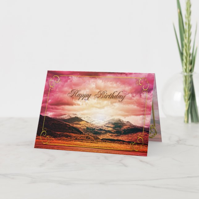Födelsedagskort, solnedgång över bergen kort (Framsida)