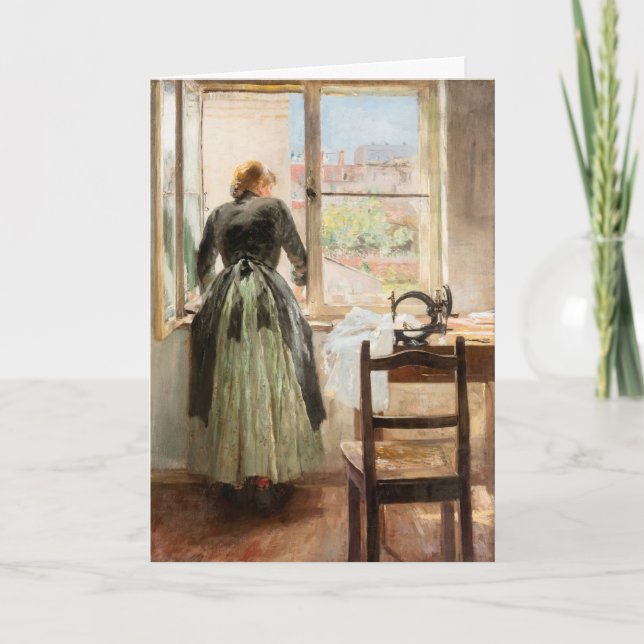 Födelsedagskort som avbildar dam och syande maskin helgkort (Framsida)