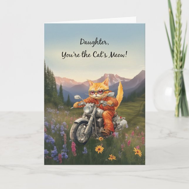 Födelsedagskratt Katt på motorcykel med berg Kort (Framsida)