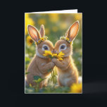 Födelsedagskund Friends Smelling a Gult Solros Kort<br><div class="desc">Två söta bunnier kapas mitt i fält av solblommor,  som var och en bär en blommigt krona och delar en enda solrosliknande blommar. Text kan ändras.</div>
