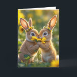 Födelsedagskund Friends Smelling a Gult Solros Kort<br><div class="desc">Två söta bunnier kapas mitt i fält av solblommor,  som var och en bär en blommigt krona och delar en enda solrosliknande blommar. Text kan ändras.</div>