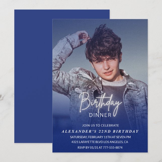 Födelsedagsmiddag 22-årsfest inbjudan Foto Män (Fram/baksida)