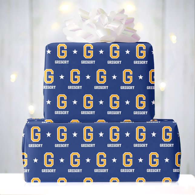 Födelsedagsmonogram Retro Varsity Marin Guld Anpas Presentpapper (Skapare uppladdad)