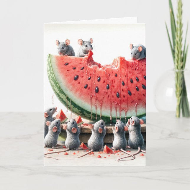 Födelsedagsmöss som äter vattenmelon kort (Framsida)