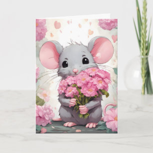 Födelsedagsmus med Rosa blommor Kort