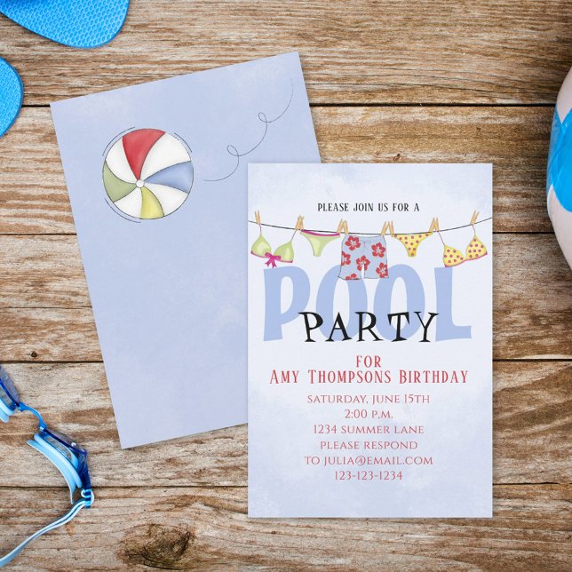 Födelsedagsnyckfull sommar poolparty roliga badklä inbjudningar (Skapare uppladdad)