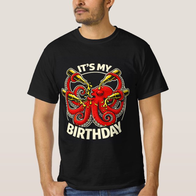 Födelsedagsöl Drickande Bläckfisk T Shirt (Framsida)