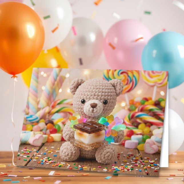 Födelsedagsönskningar från virkad teddybjörn Färg  Kort (Skapare uppladdad)