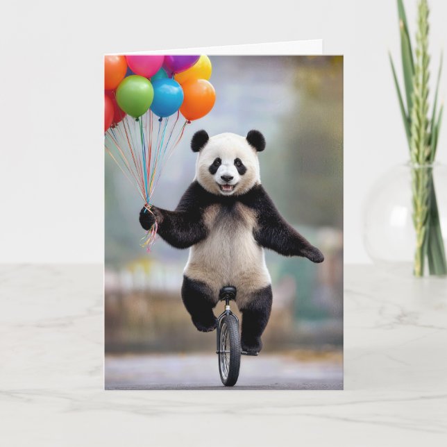 Födelsedagspanda på enhjuling med ballongbukett kort (Framsida)