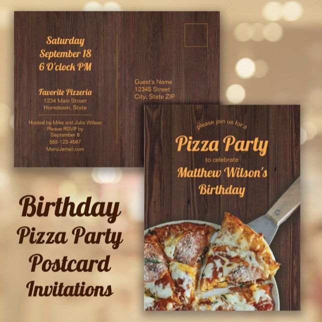 Födelsedagspizza firar rusticitet trä vykort (Birthday Pizza Party Invitations for a child, teen, or adult birthday party.)