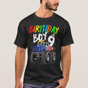Födelsedagspojke 9 år gammal monster Lastbil Flagg T Shirt