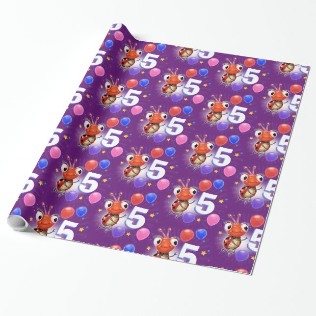 Födelsedagspojke eller flicka 5 Ladybug som slår p Presentpapper (Utrullad)