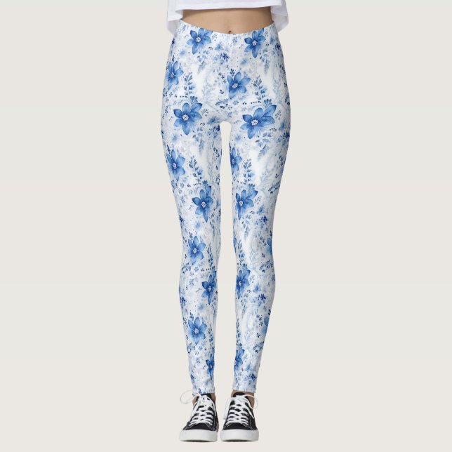Födelsedagspresent | Blommig med blå och vita blom Leggings (Framsida)