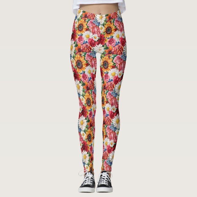 Födelsedagspresent | Livlig blomsterarrangemang Leggings (Framsida)