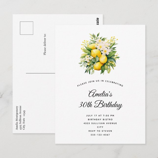 Födelsedagspresent med citronbukett och vita bloms vykort (Fram/baksida)
