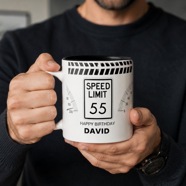 Födelsedagspresent med hastighetsgräns 55  Två-Tonad mugg (Speed limit sign 55th birthday motorcycle car themed coffee mug gift
)