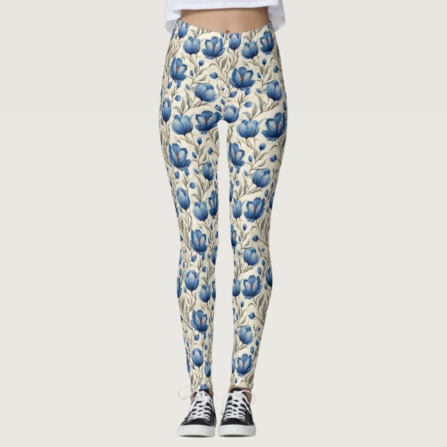 Födelsedagspresent | Sömlös blå blommig Leggings (Framsida)