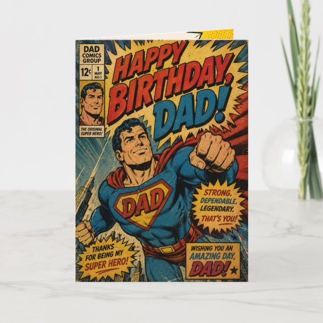 Födelsedagspresent till pappa med vintage-superhjä kort (Framsida)