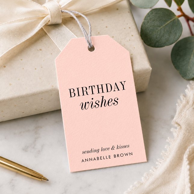Födelsedagspresentkort | Anpassade Rosa Födelsedag Presentetikett (Personalized blush birthday gift tags with elegant script and custom name detail.)