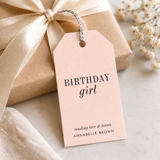 Födelsedagspresentkort för flickor | Presentetiket Presentetikett (Personalized blush birthday girl gift tags for pretty favors, gift boxes, and party bags.)