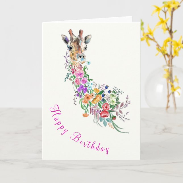 Födelsedagspresentkort med blommig giraff kort (Gul blomma)