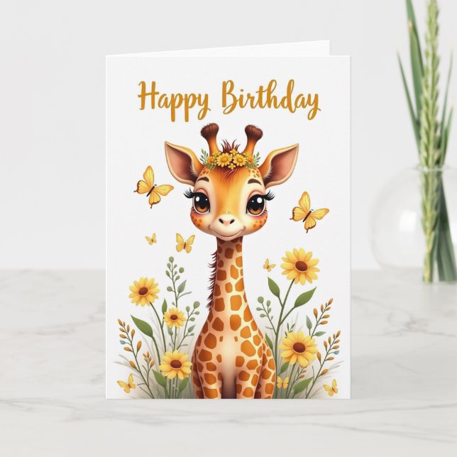 Födelsedagspresentkort med blommig giraff kort (Framsida)