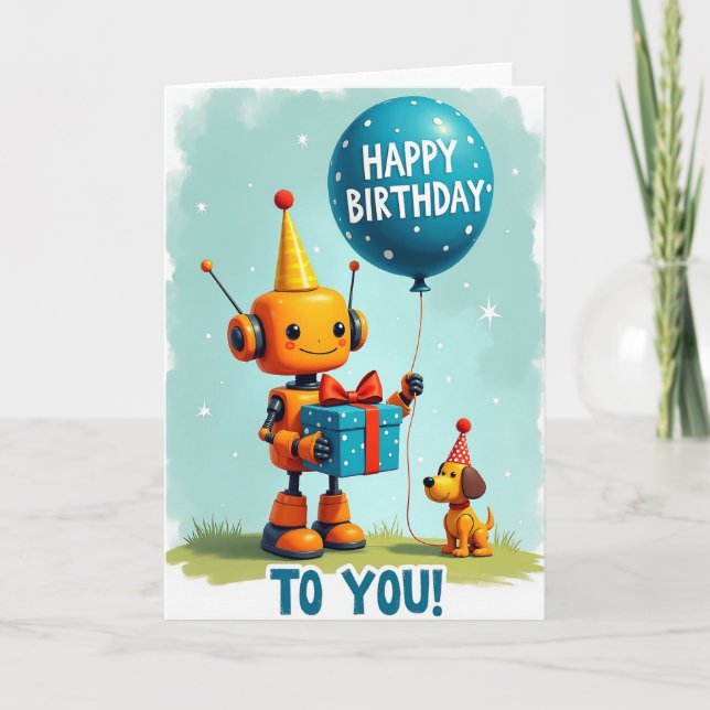 Födelsedagspresentkort med festlig robot kort (Framsida)