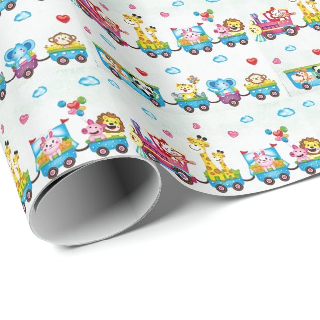 Födelsedagspresentpapper - Baby Djur på Tåg  Presentpapper (Rullad Hörn)