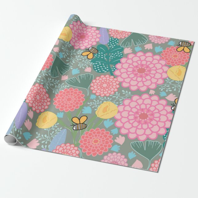 Födelsedagspresentpapper med full blomning presentpapper (Utrullad)