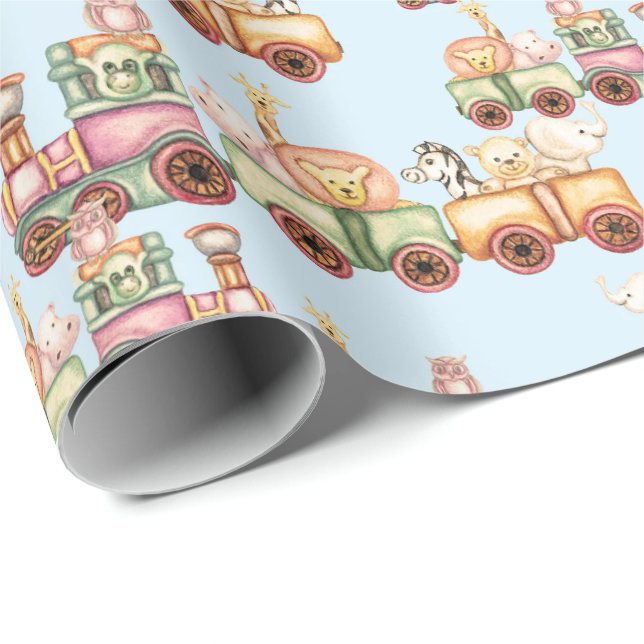 Födelsedagspresentpapper - Små djur på tåg  Presentpapper (Rullad Hörn)