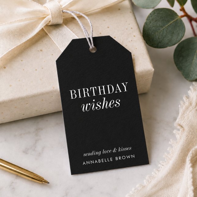 Födelsedagspresenttaggar | Anpassade svarta födels Presentetikett (Personalized black birthday gift tags with elegant Birthday Wishes typography for chic wrapping.)