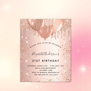 Födelsedagsroséguld glitterdamm ballonger budget flygblad