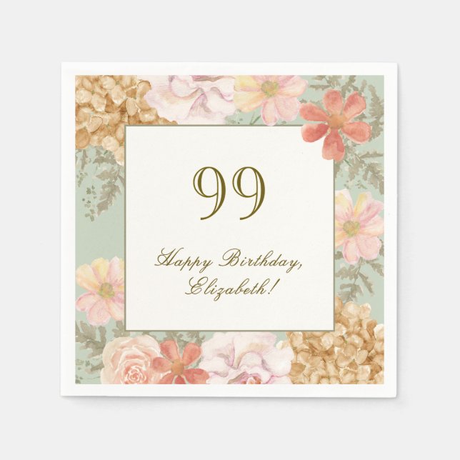 Födelsedagsservett 99 år höstfärg blommande salvia pappersservett (Framsidan)