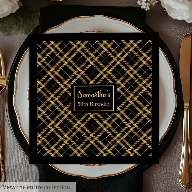 Födelsedagsservetter Lyx Svart Guld Anpassat Namn Pappersservett (Birthday Napkins Luxe Black Gold Custom Name)