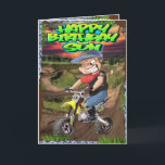 Födelsedagsson Kort<br><div class="desc">Födelsedagskort för son med tecknad av en cykel i en grop</div>