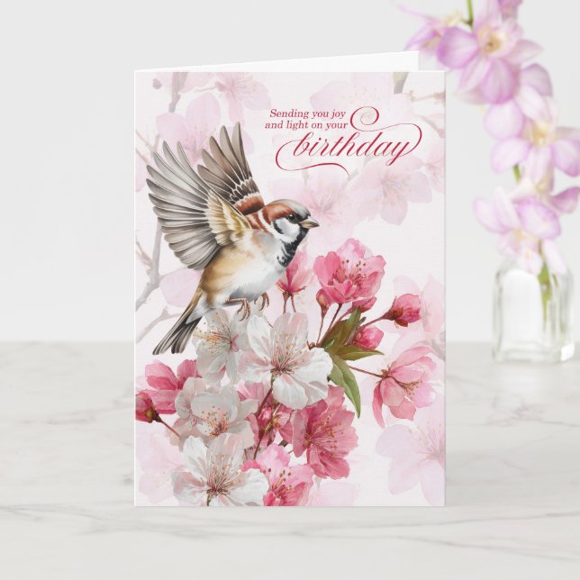 Födelsedagssparv och körsbärsblommor glädje kort (Orkide)