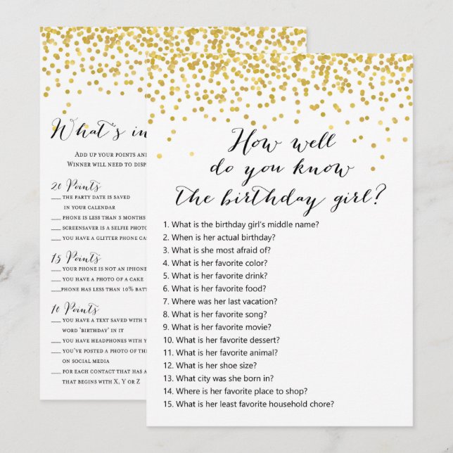 Födelsedagsspel x2 - mobilspel | vem vet inbjudningar (Fram/baksida)