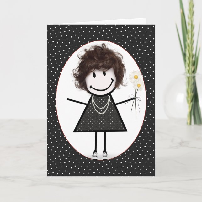 Födelsedagsstickfigur tjej för vän   kort (Framsida)