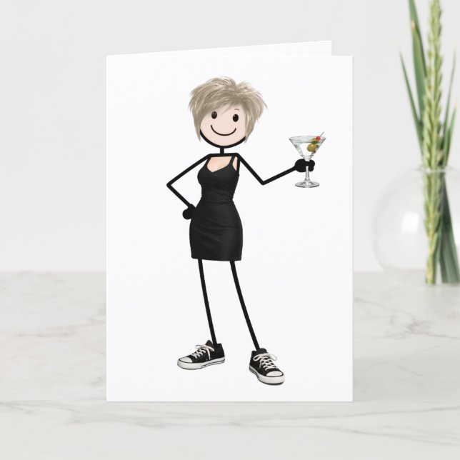 Födelsedagsstickfigur tjej med Martini Kort (Framsida)