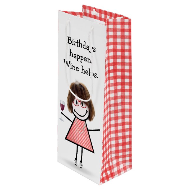 Födelsedagsstickfigur tjej med rött vin (Framsidan Vinklad)