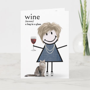 Födelsedagsstickfigur tjej med vin och katt kort