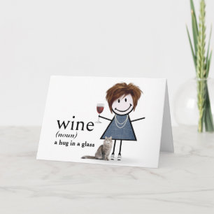 Födelsedagsstickfigur tjej med vin och katt kort