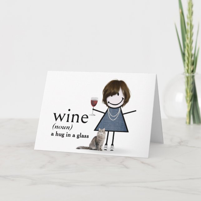 Födelsedagsstickfigur tjej med vin och katt kort (Framsida)