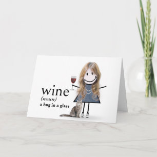 Födelsedagsstickfigur tjej med vin och katt kort