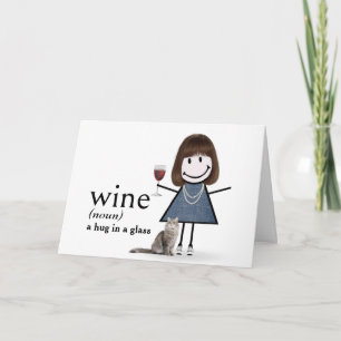 Födelsedagsstickfigur tjej med vin och katt kort