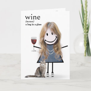 Födelsedagsstickfigur tjej med vin och katt kort