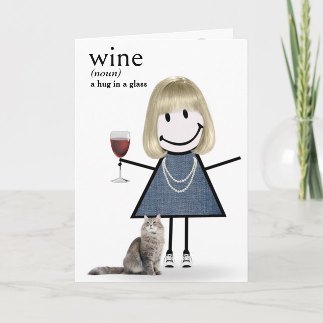 Födelsedagsstickfigur tjej med vin och katt kort (Framsida)